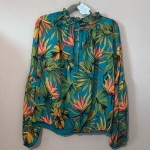 INC International Concepts Women's Vibrant Tropical Blouse - Green and Pink